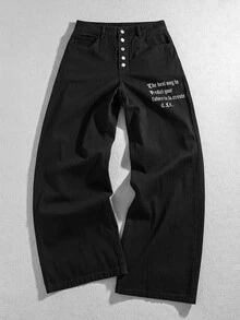 ROMWE MEN Street Life Men's Casual Washed Slogan & Wing Embroidered Straight Leg Jeans - Black - View 7