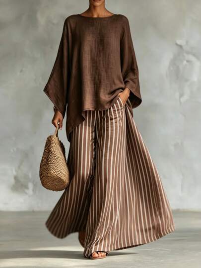SHEIN Women's Spring/Summer Casual Light Brown Round Neck 3/4 Sleeve Asymmetrical Hem Loose Top And Striped Wide Leg High Waist Elastic Waist Pants 2-Piece Set, Versatile Outfit For Daily Wear, Home And Outings