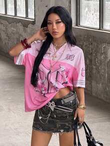 Coolane 男女款夏季街頭風數字印花大廓形棒球球衣T恤，情侶同款，粉色上衣，適合外出、日常與夜生活 - 粉色 - 查看 5