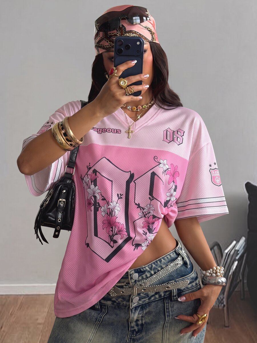 Coolane 男女款夏季街頭風數字印花大廓形棒球球衣T恤,情侶同款,粉色上衣,適合外出、日常與夜生活 - 粉色 - 查看 1
