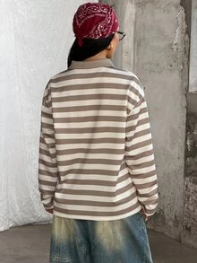 Coolane Women's Autumn Streetwear 2000s Y2k Casual Basic Daily Wear Vintage Back To School Preppy Going Out Everyday Day Time Khaki And White Stripe T-Shirt - Khaki - View 6