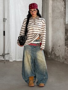 Coolane Women's Autumn Streetwear 2000s Y2k Casual Basic Daily Wear Vintage Back To School Preppy Going Out Everyday Day Time Khaki And White Stripe T-Shirt - Khaki - View 2