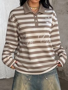 Coolane Women's Autumn Streetwear 2000s Y2k Casual Basic Daily Wear Vintage Back To School Preppy Going Out Everyday Day Time Khaki And White Stripe T-Shirt - Khaki - View 1