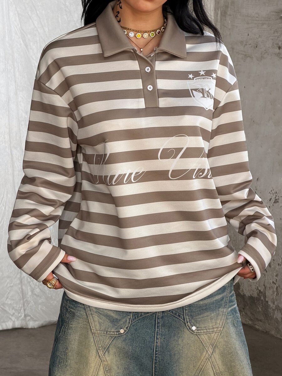 Coolane Women's Autumn Streetwear 2000s Y2k Casual Basic Daily Wear Vintage Back To School Preppy Going Out Everyday Day Time Khaki And White Stripe T-Shirt - Khaki - View 1