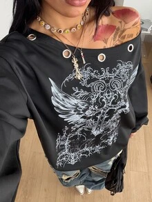 Coolane 女款秋冬街頭風外出穿搭水洗磨損金屬孔眼復古不對稱領長袖衛衣，Grunge哥德Y2K風格，適合萬聖節造型 - 黑色 - 查看 2