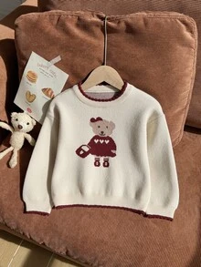SHEIN كنزة صوفية للفتيات الصغيرات، علوية محبوكة، ناعمة ومريحة، بنمط جاكار دب وقلب، عقدة الفراشة ، كرتون لطيف، عصرية للشتاء والربيع والخريف والاستخدام اليومي - بيج - مشاهدة 5