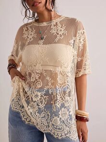 Freevana 大尺碼女款透視蕾絲襯衫，百搭白色夏季波西米亞風，適合嘉年華派對、早午餐、度假與海灘 - 卡其色 - 查看 5