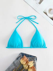 Swim Basics Summer Beach Halter Triangle Bikini Top - Baby Blue - View 6