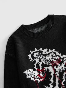 ROMWE MEN Men's Crew Neck Quirky Skeleton Sweater - Black - View 3
