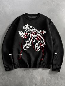 ROMWE MEN Men's Crew Neck Quirky Skeleton Sweater - Black - View 1