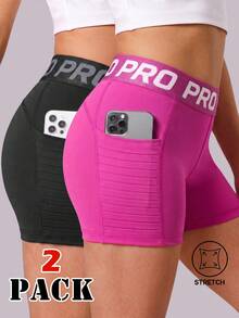 SHEIN Tween Girls Grey Pastel Pink Sports Shorts Set, Graphic Active Lycra Straight Stripe Pocket Split Design, High-Elastic Fabric Gym Workout Summer - Multicolor - View 1