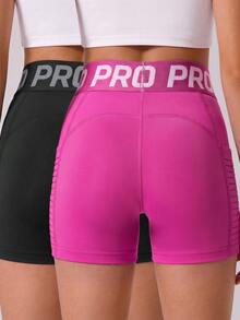 SHEIN Tween Girls Grey Pastel Pink Sports Shorts Set, Graphic Active Lycra Straight Stripe Pocket Split Design, High-Elastic Fabric Gym Workout Summer - Multicolor - View 2