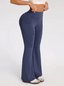 Easithlete Celana Olahraga Yoga Wanita Kasual dengan Saku dan Potongan Kaki Lebar - Dusty Blue - View 1