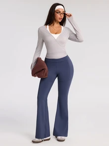Easithlete Celana Olahraga Yoga Wanita Kasual dengan Saku dan Potongan Kaki Lebar - Dusty Blue - View 5