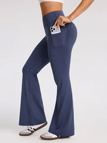 Easithlete Celana Olahraga Yoga Wanita Kasual dengan Saku dan Potongan Kaki Lebar - Dusty Blue - View 4