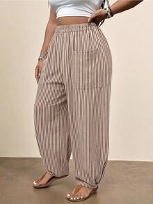 Freevana Plus Size Women's Vintage Striped Bohemian Pocket Lantern Pants - Multicolor - View 1