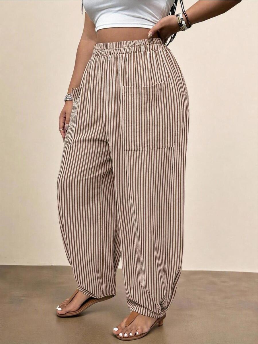 Freevana Plus Size Women's Vintage Striped Bohemian Pocket Lantern Pants - Multicolor - View 1