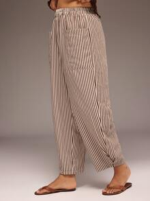 Freevana Plus Size Women's Vintage Striped Bohemian Pocket Lantern Pants - Multicolor - View 5