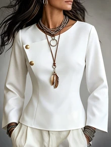 SHEIN Women's Off White Asymmetrical Neck Button Long Sleeve Blouse, Elegant Top For Spring Fall Graduatio - White - View 5