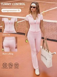 CourtClass CourtClass Women's Solid Color Raglan Short Sleeve Zipper Front Jacket And Flare Pants Casual Sports Golf Set - Pink - View 1