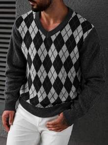 Manfinity Homme Men's Vintage Argyle Pattern Jacquard Long Sleeve Sweater - Multicolor - View 2