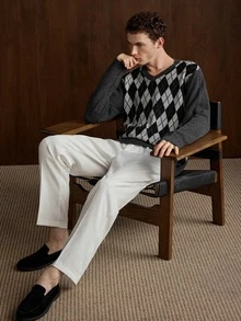 Manfinity Homme Men's Vintage Argyle Pattern Jacquard Long Sleeve Sweater - Multicolor - View 4