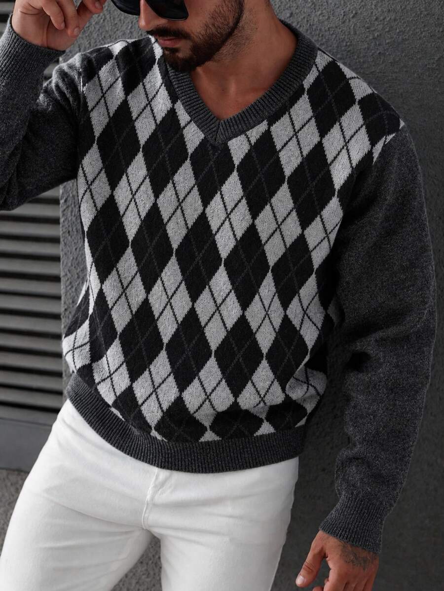 Manfinity Homme Men's Vintage Argyle Pattern Jacquard Long Sleeve Sweater - Multicolor - View 1