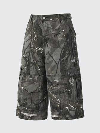 Jeans de mezclilla casuales holgados con bolsillos cargo y estampado de ramas para hombre