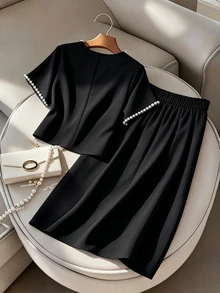 Formidée Plus Size Pearl Decor Round Neck Short Sleeve Top And Skirt 2 Pieces Set - Black - View 4