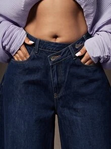 Vixey Women's Asymmetric Waistband Pocket Curved Leg Casual Denim Jeans - Dark Wash - View 3