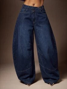 Vixey Women's Asymmetric Waistband Pocket Curved Leg Casual Denim Jeans - Dark Wash - View 1