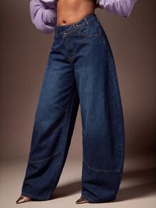 Vixey Women's Asymmetric Waistband Pocket Curved Leg Casual Denim Jeans - Dark Wash - View 4