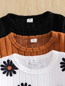 SHEIN 女童 3 件組針織毛茸茸羅紋上衣與長褲套裝，印花圖案修身版型，休閒簡約舒適，幼兒棕色 7 歲生日秋季款 - 彩色 - 查看 7