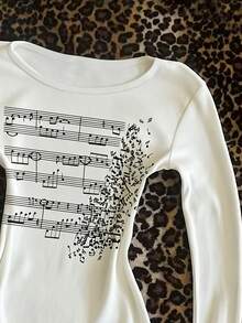 SHEIN Women's Musical Note Print Round Neck Casual Ribbed Long Sleeve T-Shirt Everyday School White And Black Autumn - White - View 3