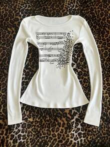 SHEIN Women's Musical Note Print Round Neck Casual Ribbed Long Sleeve T-Shirt Everyday School White And Black Autumn - White - View 1