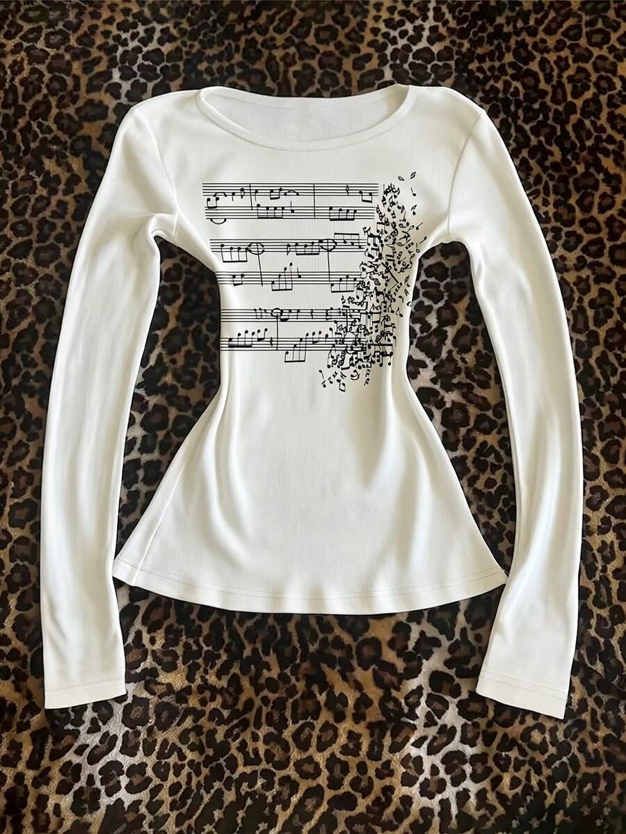 SHEIN Women's Musical Note Print Round Neck Casual Ribbed Long Sleeve T-Shirt Everyday School White And Black Autumn - White - View 1