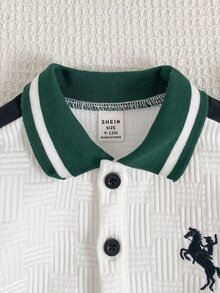 Souflis Souflis 新生男嬰長袖秋冬休閒紳士連身衣，紋理針織 Polo 領撞色連身褲，附刺繡圖案，適合外出度假穿著，3-24 個月 - 白色 - 查看 3