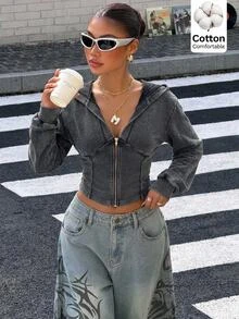 Muchica Women's Solid Color Zipper Casual Versatile Daily Long Sleeve Sweatshirt Street Washing, Vintage Tailoring, Gothic Fall Clothes - Black - View 1