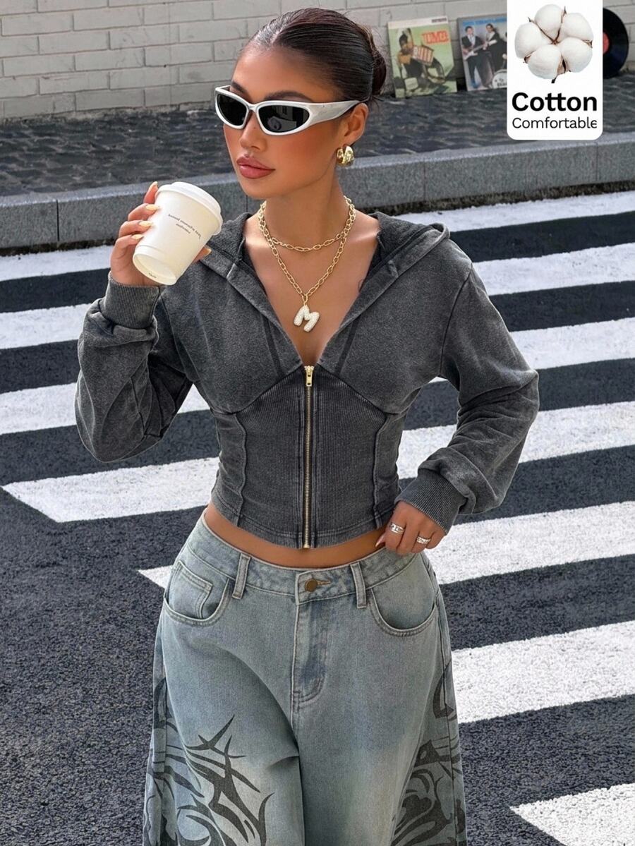 Muchica Women's Solid Color Zipper Casual Versatile Daily Long Sleeve Sweatshirt Street Washing, Vintage Tailoring, Gothic Fall Clothes - Black - View 1