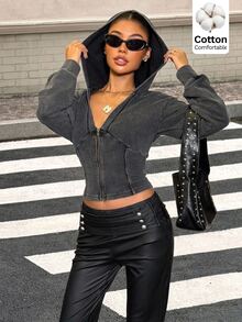 Muchica Women's Solid Color Zipper Casual Versatile Daily Long Sleeve Sweatshirt Street Washing, Vintage Tailoring, Gothic Fall Clothes - Black - View 4