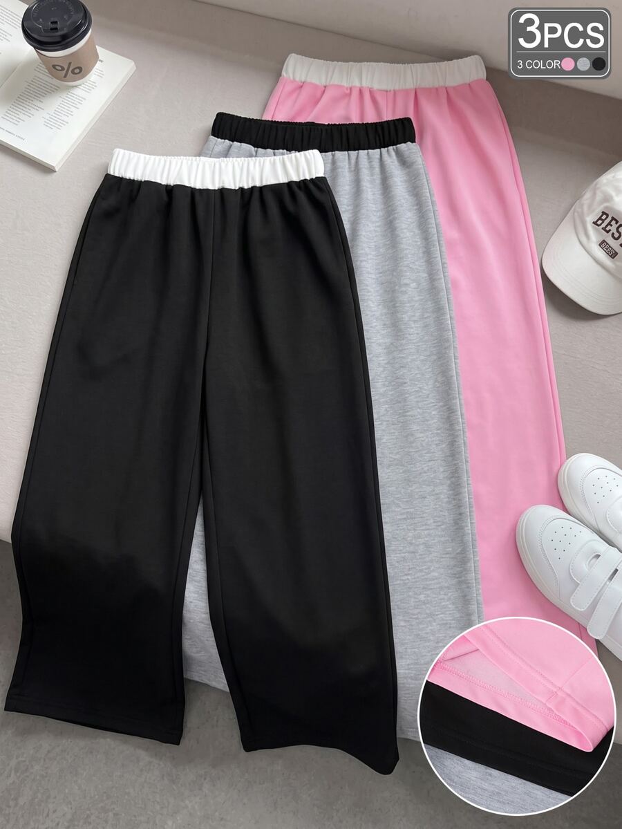 SHEIN 青少年女孩運動長褲 3件套,寬鬆可愛,鬆緊腰頭,抽繩束口,針織款,適合夏季、秋季與冬季,正式工作風,黑白粉色 - 彩色 - 查看 1