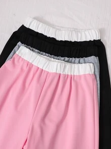 SHEIN 青少年女孩運動長褲 3件套，寬鬆可愛，鬆緊腰頭，抽繩束口，針織款，適合夏季、秋季與冬季，正式工作風，黑白粉色 - 彩色 - 查看 5