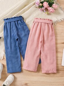 SHEIN 2件套，簡約優雅風格，純色，紙袋腰綁帶與腳踝長褲，適合校園與日常穿著 - 彩色 - 查看 2