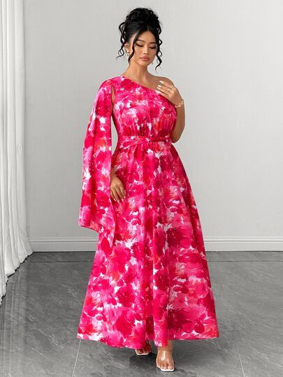 Formidée Women's New Summer Printed Random Cut Asymmetrical Shoulder Spring/Summer Tie Dye Floral Bright Color Waist-Defining Design Shawl Asymmetrical Sleeveless A-Line French Elegant Sophisticated Maxi Dress, Women's New Dress