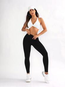 SHEIN Sports 女士交叉扭纹背部设计运动文胸，配有可调节肩带 - 白色 - 查看 4