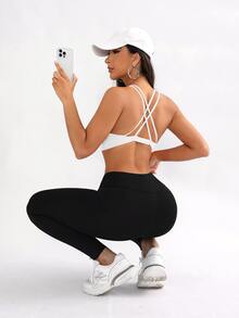 SHEIN Sports 女士交叉扭纹背部设计运动文胸，配有可调节肩带 - 白色 - 查看 6