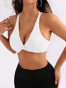 SHEIN Sports 女士交叉扭纹背部设计运动文胸，配有可调节肩带 - 白色 - 查看 5