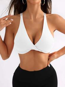 SHEIN Sports 女士交叉扭纹背部设计运动文胸，配有可调节肩带 - 白色 - 查看 1
