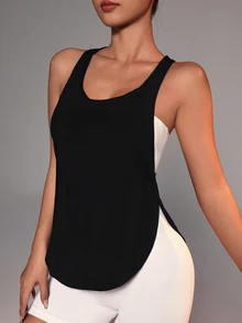 Slayform Slayform Solid Criss Cross Back Crop Sports Tank Topworkout Tank Top - Black - View 2