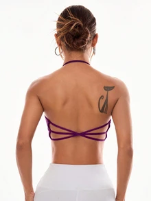 Slayform Slayform Women's Solid Color Criss-Cross Back Halter Neck Sports Bra - Bold Plum - View 1